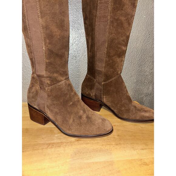Steve Madden Brown Suede Knee High Boots 7M Stacked Heel Slip On Stretch Shaft - Picture 4 of 11
